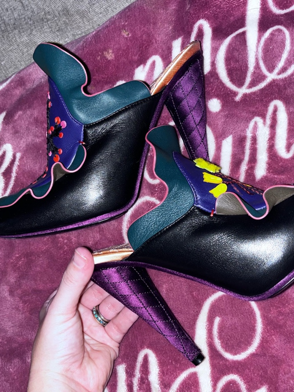 Fendi Green & Purple Floral Embroidered Leather Mules - Picture 7 of 14